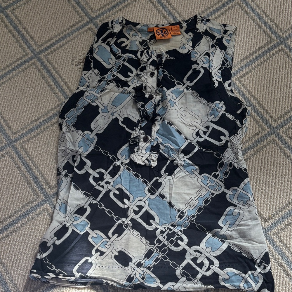 Tory Burch White and Blue Chain Print Blouse EUC Sz 10